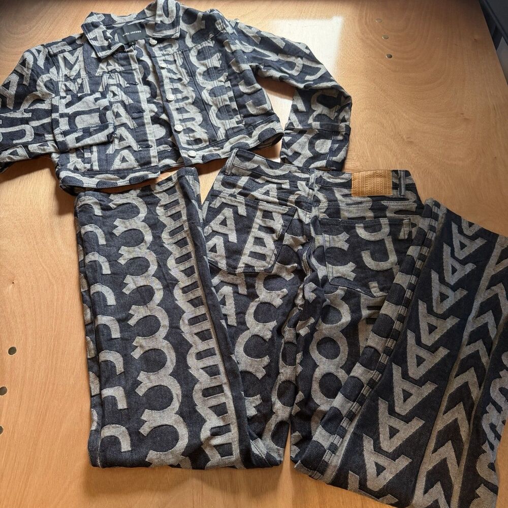 Marc Jacobs Monogram Denim 2 Piece Set Jacket & Wide Leg Jeans Small/27”